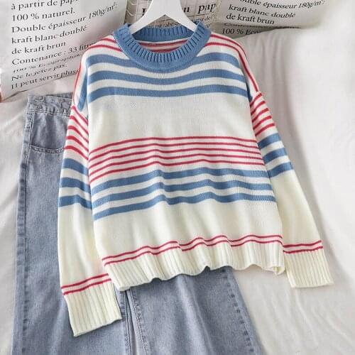 Autumn Full Sleeve Blue Red Striped Pullover Women Sweater Knitted 2020 Sweaters O-Neck Tops Korean Pull Femme Jumper Female