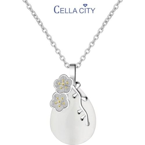 Cellacity Cherry blossoms Necklace for Women Short Clavicle Chain Female Silver 925 Jewelry Water Drop Shaped Cat'eyes Pendant