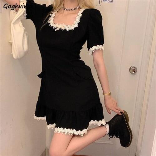 Women Short Sleeve Dress Design Patchwork Lace Ruffles Sexy A-line Mini Dresses Puff-sleeve Square Collar Empire Korean Style