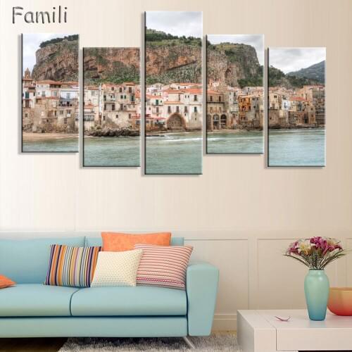 HD 5PCS Wall Art Canvas Fabric Poster Italy Town Landscape paintings for living room wall,posters and prints