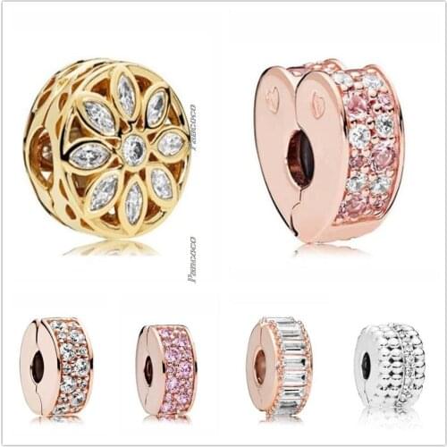 Authentic 925 Sterling Silver Gold Color Shine Leaves Snowflake Clip Lock Stopper Bead Fit Pandora Bracelet & Necklace Jewelry