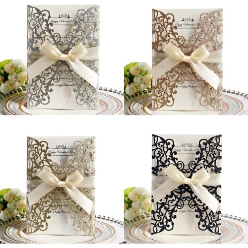 2019 New 10pcs Hollow Laser Cut Wedding Invitations Elegant Engagement Wedding Party Invitation Card With Ribbon