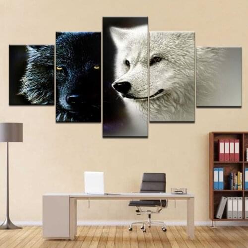 Canvas HD Prints Home Decor 5 Pieces Wolf Couple Paintings Black And White Animal Poster Living Room Wall Art Framework