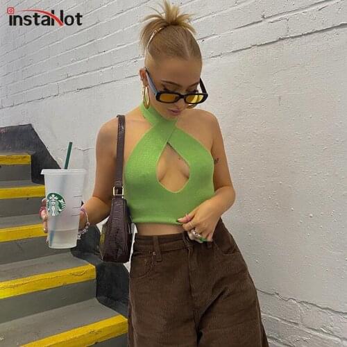 InstaHot Sexy Halter Knitted Crop Top Criss Cross Backless Hollow Out Elegant Slim Tanks Top 2021 Summer Beach Felame Y2K Tops