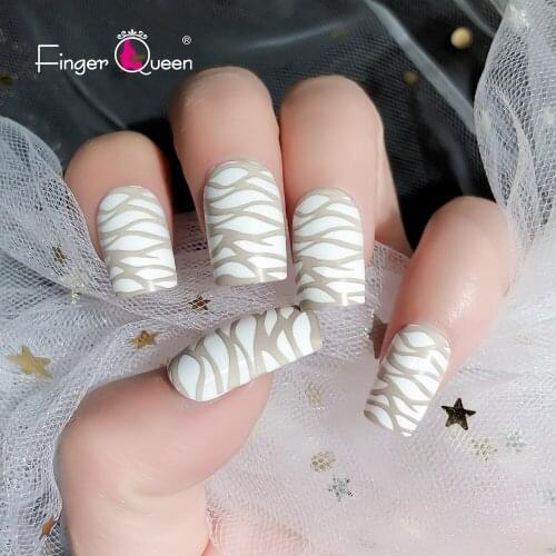 24pcs Box Artificial Nails With Design Stickers With Inscriptions Hand Halloween Acrylic Brown White Pattern Semi-Permanent