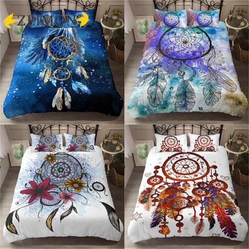 Modern 3D Blue Feather Duvet Cover Pillowcase Dream catcher Bedding Set Soft Polyester King Queen Single Size Home Textiles