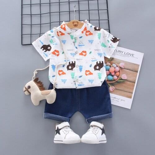 Baby boy clothes summer short-sleeved shorts suit casual clothes cartoon printed shirt + denim shorts baby boy two-piece suit