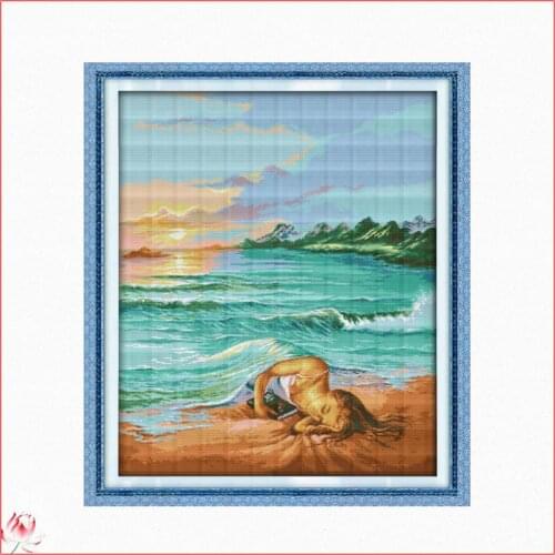 Joy Sunday The Daughter Of Sea Cross Stitch Kit DIY Pattern 14CT 11CT Embroidery Set Needlework Home Decoration Craft Painting