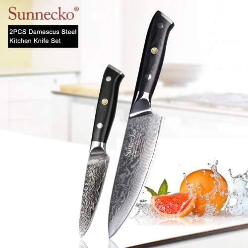SUNNECKO 2PCS Kitchen Knives Set 6.5'' Chef 3.5'' Paring Knife Damascus Japanese VG10 Steel Blade Cut Cooking Knives G10 Handle