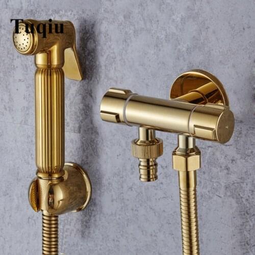 Bidet Faucet Set Wall Mounted Brass Bidet Faucet Toilet Sprayer Tap Gold Bathroom Mop Cleaning Faucet ,Hose+Holder+Sprayer