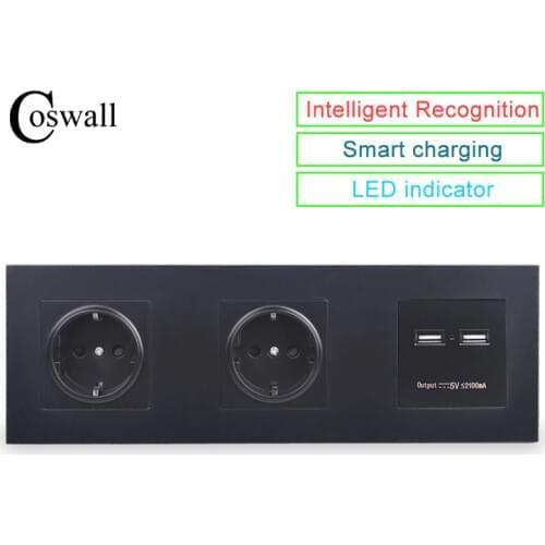 COSWALL Wall PC Panel Double Socket 16A EU Electrical Outlet Dual USB Smart Charging Port 5V 2A Output Knight Black Color