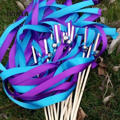 Newest 50pcs/lot Purple and Blue wedding ribbon wands stick with sliver bell for wedding decoration
