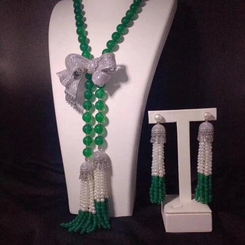 Wholesale freshwater pearl/green jade 8-9mm white near round &bowknot tassel neklace 45inch FPPJ