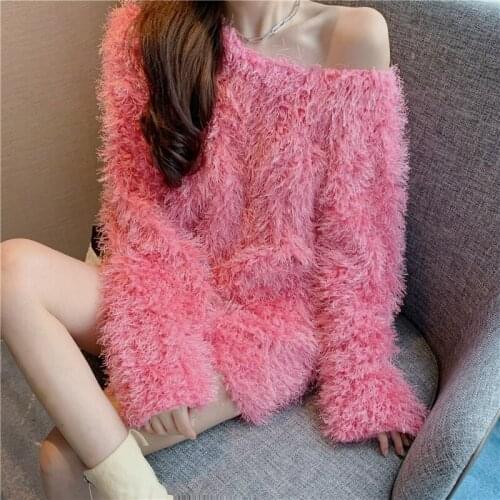 Sexy Women Backless Long Sleeve Fur Sweater Female Loose Lazy Style Bowknot Back Pullovers With Open Back