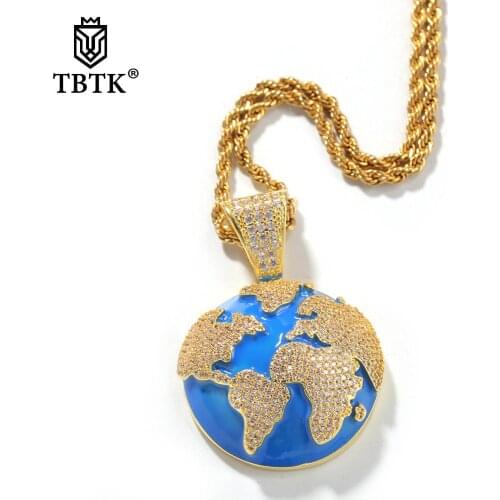 TBTK Fashion Iced Out Cubic Zirconia Buddle Globe Pendant Gold Metal Necklace Men Women Creative Charms Jewelry