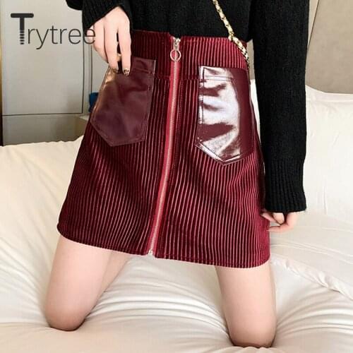 Trytree 2020 Spring Autumn Casual Woman Skirt Thick Solid High Waist Zipper Patchwork PU Pockets Streetwear Fashion Mini Skirt