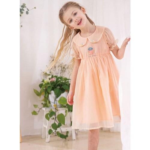 Casual Doll Neck Solid Dresses Kids Net Gauze Princess Dress for Girls 2021 New Summer Holiday Sister Dress Girls Clothes 143
