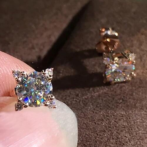 18K Rose Gold 4 Carat Stud Earrings Women Present Wedding Anniversary Engagement Party 2 ct Round Square Moissanite Diamond