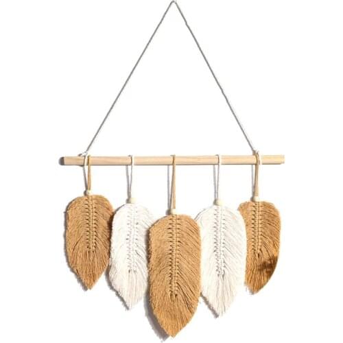 Nordic Tassel Leaves Bohemian Tapestry Hand-woven Mural Wooden Stick Wall Hanging Decor Cotton Decorative for Living Room Crafts