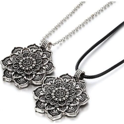 Vintage Alloy Mandala Lotus Flower Pendant Necklaces For Women Charm Leather Chain Amulet Religious Loto Fiore Unisex Jewelry