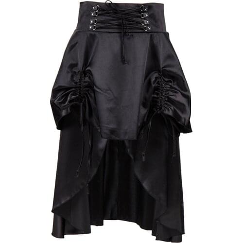 Punk Black Satin Gothic Skirt With Ruching Asymmertical Burlesque Mid Skirts Womens Jupe Steampunk Clothing Corset Falda Gotica
