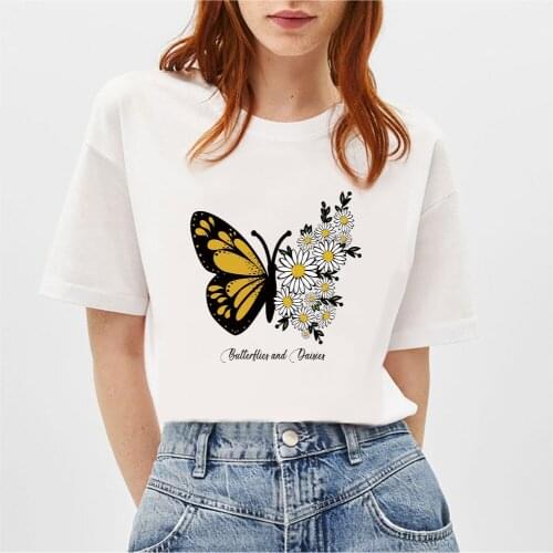 BLINGPAW Women T-shirt Daisy Butterfly Flora Print Summer Short-sleeved Tops & Tees O-Neck Casual Girls Large Size 100% Cotton