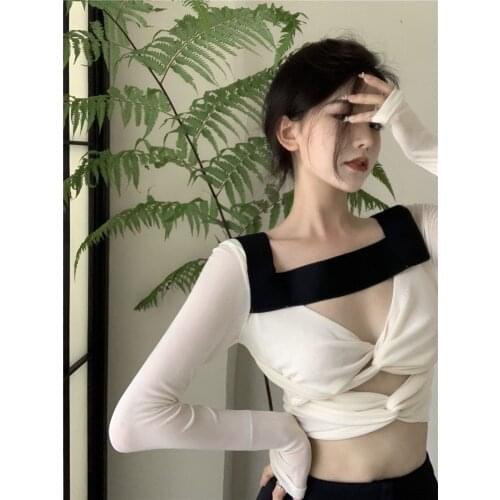 Women Hoody T-shirt Spring Autumn Korean Lady Chiffon Pullovers Full Short Solid Sailor Collar Hollow Out Girls T-shirt