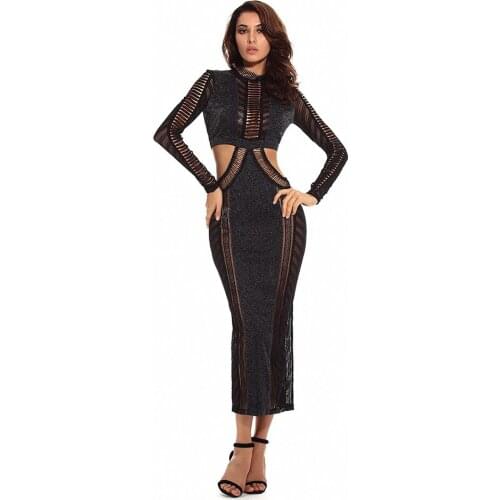 Women Sexy Black Cut-Out Long Sleeve Maxi Party Dress High Quality Hollow Out See Through Designer Fashion Bodycon Dress