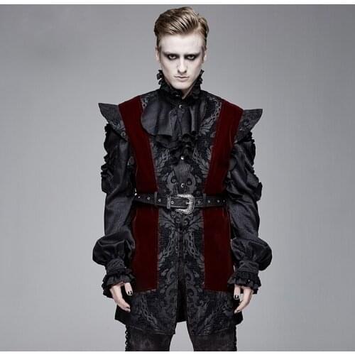 Gothic Black Red Jacquard Long Vest Men V Neck With Waist Belt Vest Waistcoat Mens Gothic Steampunk Sleeveless Tailcoat