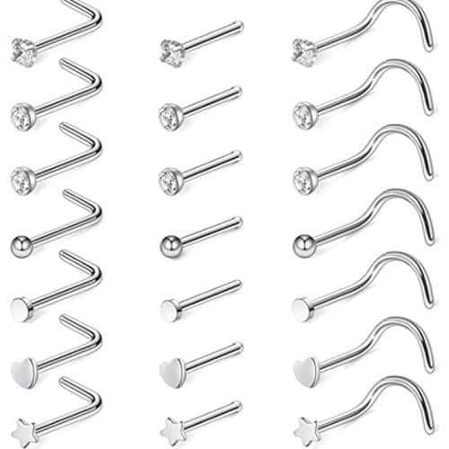 1-5PCS Stainless Steel L Shape Nose Stud Set 20G Crystal Nose Ring Hoop Set Indian Crystal Nose Stud Bulk Piercing Nariz Lot