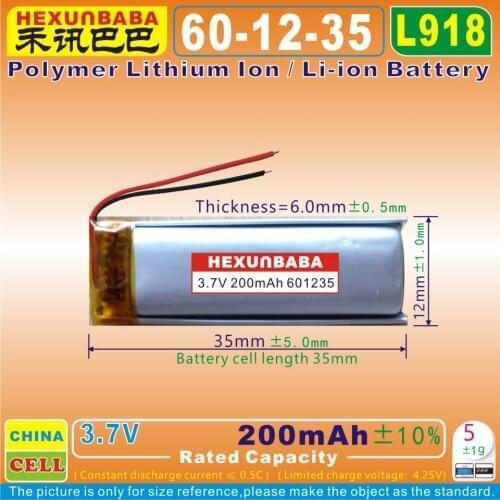 5pcs [L918] 3.7V 200mAh [601235] PLIB; polymer lithium ion / Li-ion battery for Voice recorder,mp3,speaker,GPS;power bank