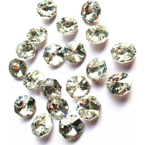100pcs Plated Silver Back 14mm Crystal Octagon Chandelier Accessories in Two Holes (Free Rings) Diy Crystal Glass Curtain Beads
