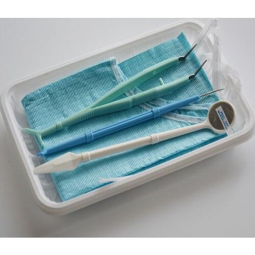 200 Sets 5 Pieces/kit Disposable Dental Kits - Dental Mirror, Scaler, Bib with Tie, Plastic Tweezer and Tray