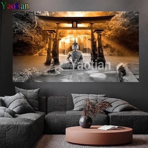 5D DIY Diamond Painting Buddha Zen Golden Waterfall Scenery Full Square/round Diamond Embroidery Cross Stitch Rhinestone Mosaic