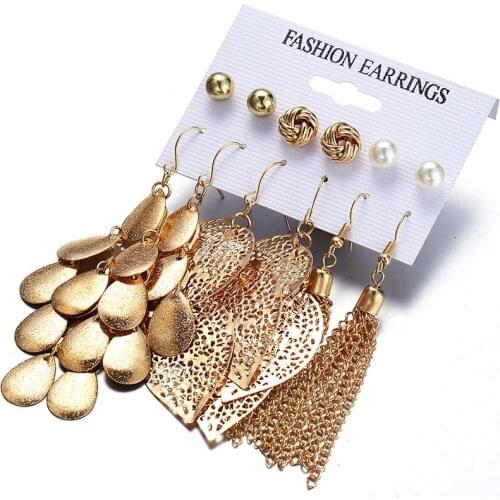 6 Pairs / Set Earrings Fashion Hollow Leaves Pattern Metal Drop Pendant Earrings for Women Earrings Simple Imitation Pearl