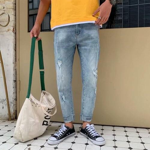 Spring Autumn 2020 new style ripped hole retro washed light-colored jeans mens Korean trend loose straight-leg harem pants men
