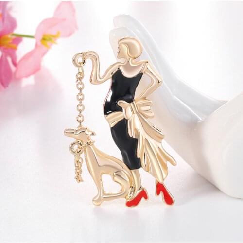 Enamel Women and Dog Brooches For Women Lady Pets Casual Party Brooch Pins Gifts