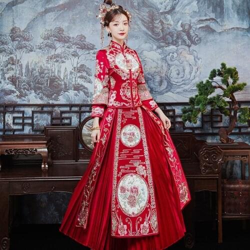 FZSLCYIYI XiuHe High quality Red Chinese Wedding Dress Female Cheongsam Slim Chinese Traditional Dress Bride Wedding Party Qipao
