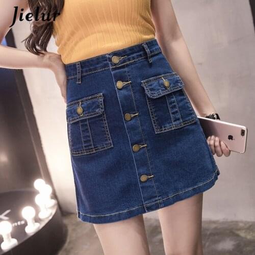 Jielur Korean Pocket Button Denim Skirts Women Harajuku Mini Saia Jeans Feminina S-5XL Plus Size Faldas Mujer Moda 2021