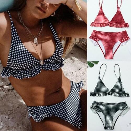 Kayotuas Women Bikini Sets Summer New Plaid Sexy Push Up Ruffles Padded Swimwear Bathing Suit Beachwear Hot Slim Swimming Suit