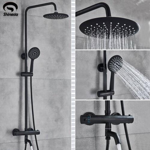 Shinesia Matte Black Thermostatic Shower Faucet Set Wall Mount Rain Shower Faucet With Hand Shower Tub Spout Hot Cold Mixer