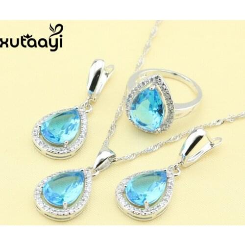 Hot-selling Water Drop Blue Zircon White Zircon Silver Jewelry Set Ring Size 6/7/8/9/10 Christmas Gift For Women
