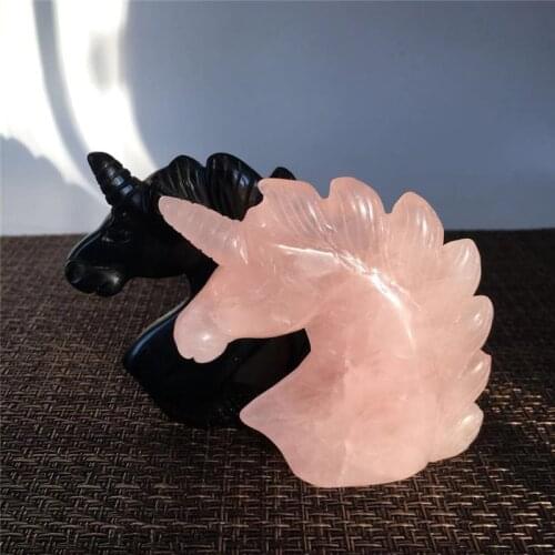 Natural stone Black Obsidian rose quartz Unicorn Figurine Reiki Healing Crystal Statue Decor