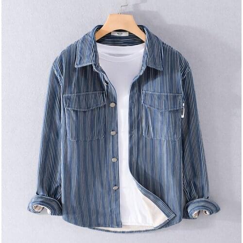 2021 New Suehaiwes brand Italy casual striped thickness corduroy shirts men fashion comfortable shirt for men top chemise