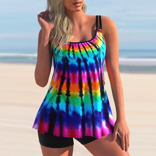 New Plus Size Bikini Swimsuit Print Two Piece Women Tankini Swimming Bathing Suit Beachwear Tummy Control Swimdress