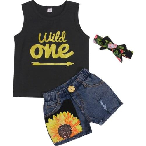 New Toddler Girls 2Pcs Summer Outfits, Sleeveless Letter Print Tank Tops + Denim Shorts Set