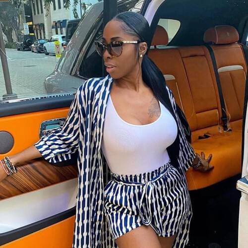 Echoine Summer Printed Jacket Coat Shorts 2 Piece Set Outwear with Belt Cardigans Elegant Matching Set Clubwear Outfits New