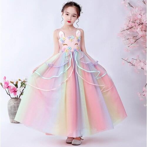 Christmas Send a Gift High-grade birthday evening party child wedding dress 4-14Y girls Embroidered applique unicorn long dress