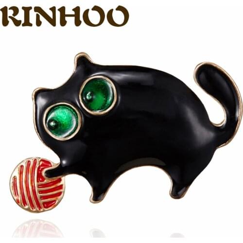 Rinhoo Lovely Small Fat Playing Ball Cat Brooches Women Green Crystal Eyes Cat Animal Party Casual Brooch Enamel Pins