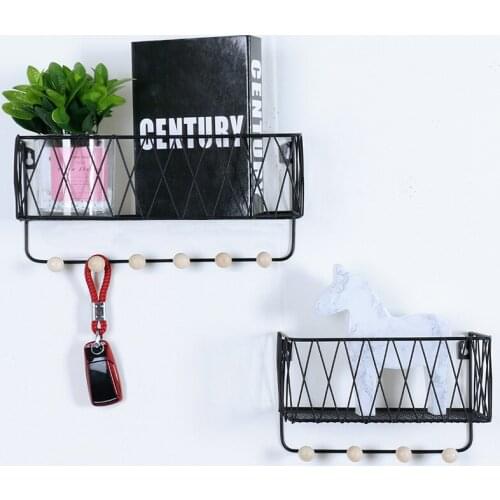 Nordic creative grid wall shelf free punching wrought iron wooden hook wall-mounted storage rack ZP7131636